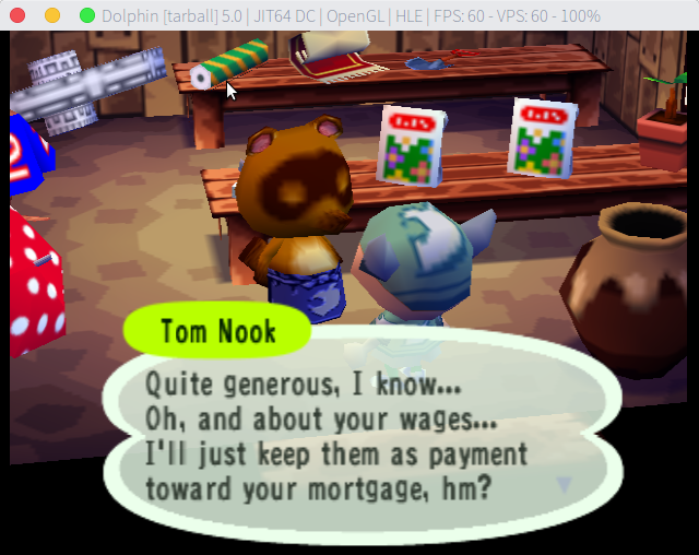 Tom Nook with a player character in his store